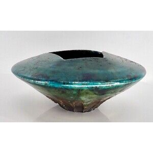 Turquoise Blue Signed Raku Sculpture Pottery Vase Bowl Iridescent Drip Glaze 8"